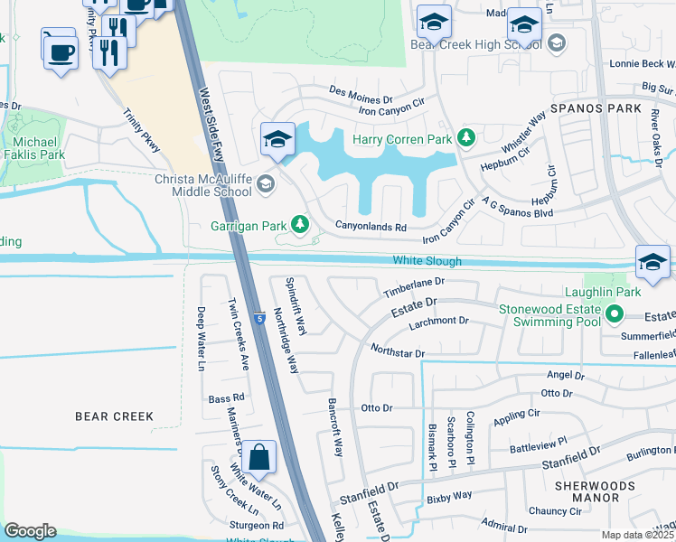 map of restaurants, bars, coffee shops, grocery stores, and more near 3565 Deseret Drive in Stockton