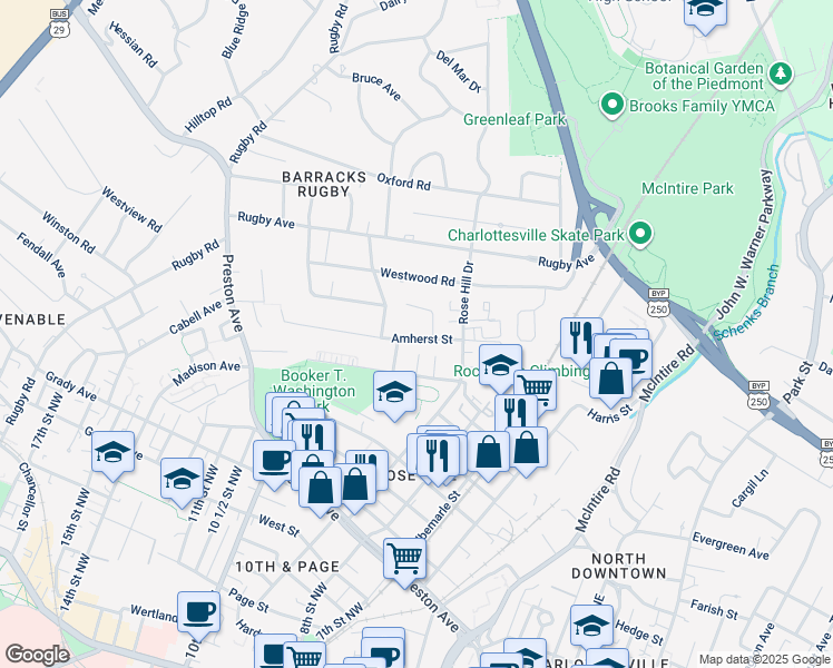 map of restaurants, bars, coffee shops, grocery stores, and more near 1517 Amherst Street in Charlottesville