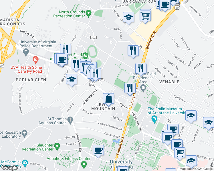 map of restaurants, bars, coffee shops, grocery stores, and more near 2021 Ivy Road in Charlottesville