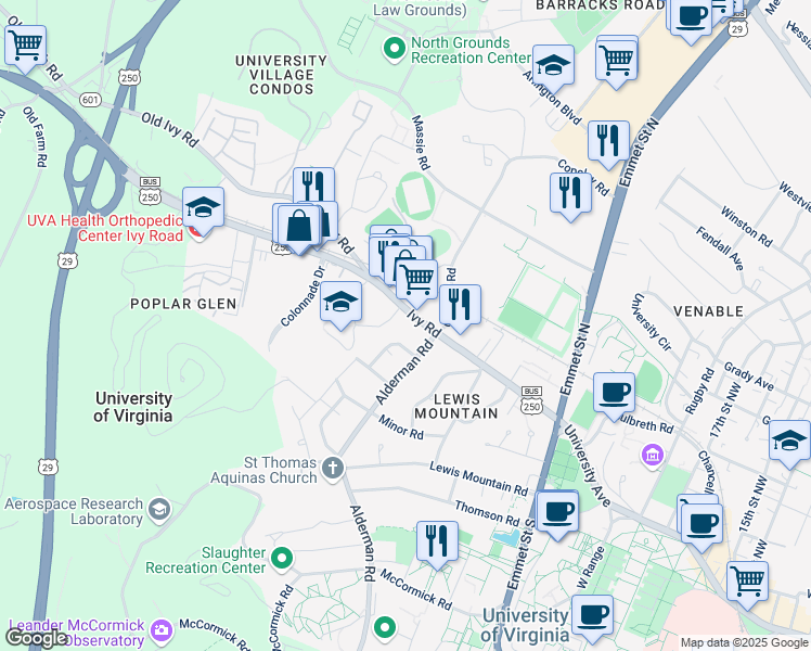 map of restaurants, bars, coffee shops, grocery stores, and more near 2120 Ivy Road in Charlottesville
