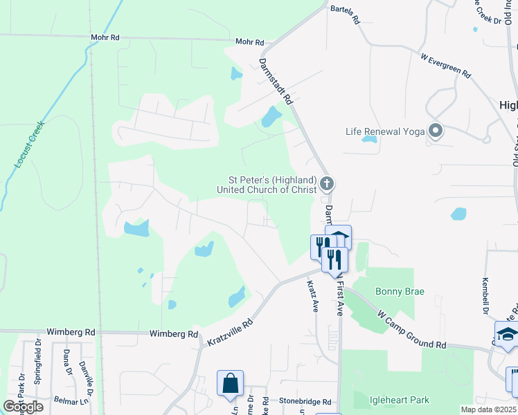 map of restaurants, bars, coffee shops, grocery stores, and more near 7024 Sweet Gum Court in Evansville