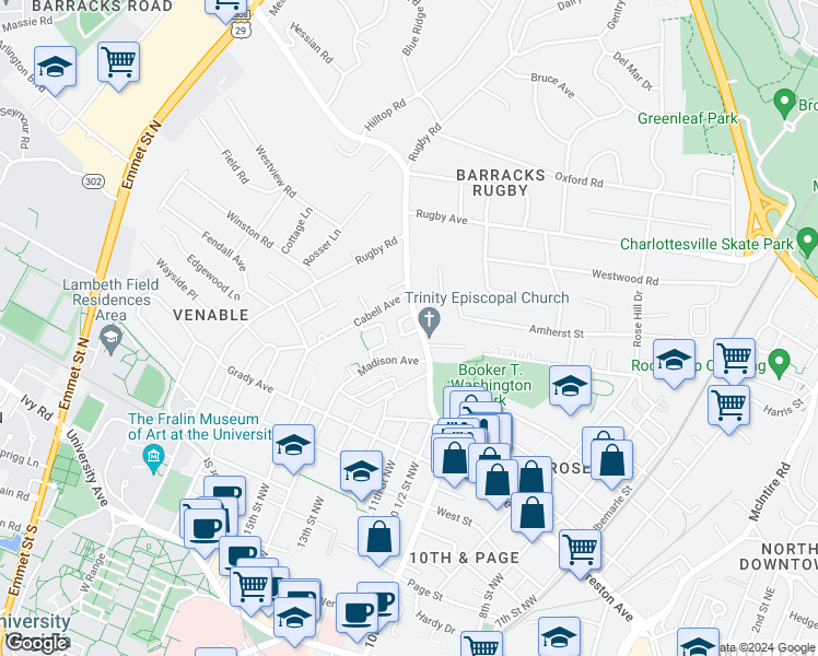 map of restaurants, bars, coffee shops, grocery stores, and more near 1117 Preston Avenue in Charlottesville