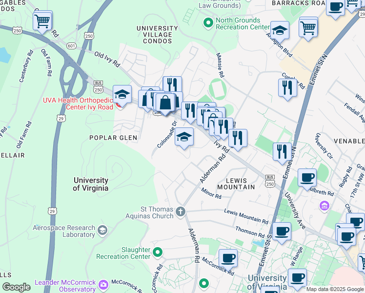 map of restaurants, bars, coffee shops, grocery stores, and more near 2136 Moseley Road in Charlottesville