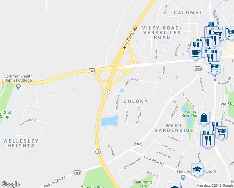 map of restaurants, bars, coffee shops, grocery stores, and more near 4204 John Alden Lane in Lexington