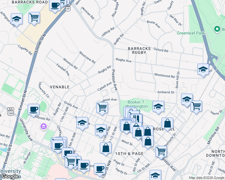 map of restaurants, bars, coffee shops, grocery stores, and more near 1123-29 Preston Avenue in Charlottesville