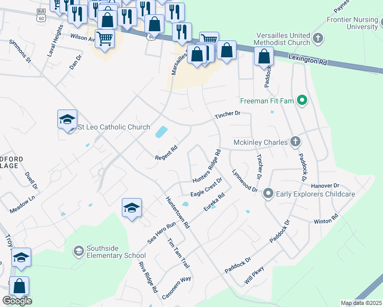 map of restaurants, bars, coffee shops, grocery stores, and more near 743 Eureka Drive in Versailles