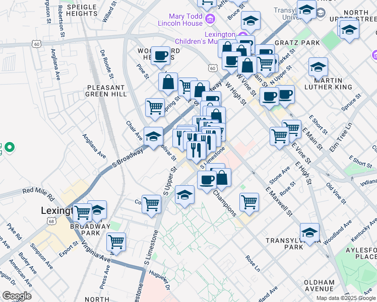 map of restaurants, bars, coffee shops, grocery stores, and more near 523 South Upper Street in Lexington
