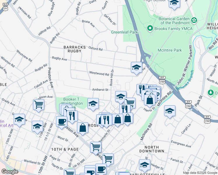 map of restaurants, bars, coffee shops, grocery stores, and more near 1143-47 Rose Hill Drive in Charlottesville