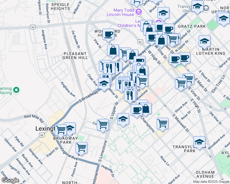 map of restaurants, bars, coffee shops, grocery stores, and more near 614 South Mill Street in Lexington
