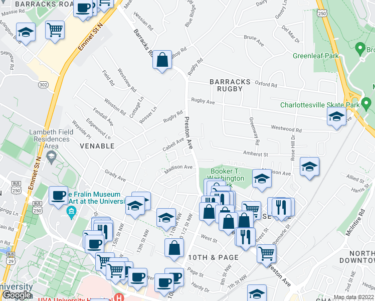 map of restaurants, bars, coffee shops, grocery stores, and more near 1304 Preston Avenue in Charlottesville
