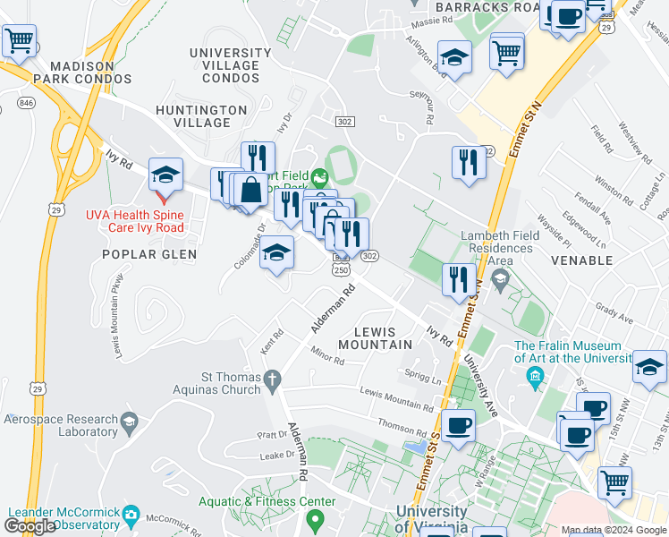 map of restaurants, bars, coffee shops, grocery stores, and more near 2114 Ivy Road in Charlottesville