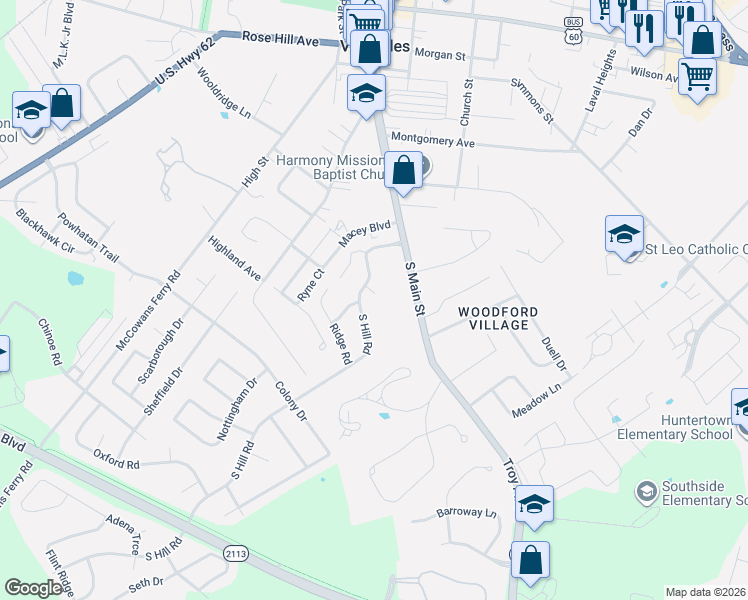 map of restaurants, bars, coffee shops, grocery stores, and more near 204 Culpepper Court in Versailles