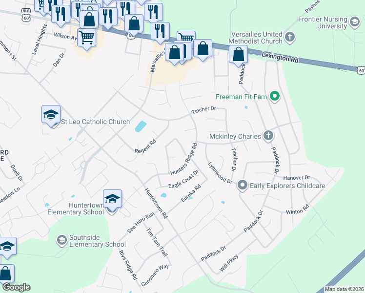 map of restaurants, bars, coffee shops, grocery stores, and more near 708 Eureka Drive in Versailles