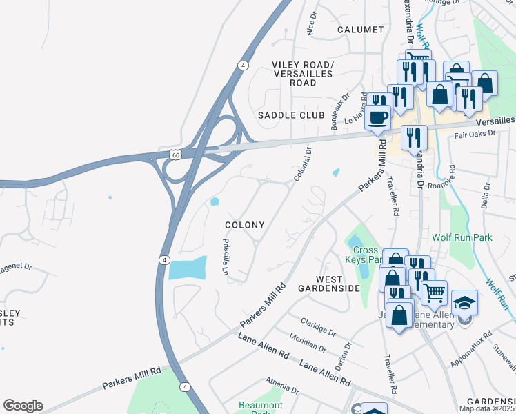 map of restaurants, bars, coffee shops, grocery stores, and more near 1236 Standish Way in Lexington