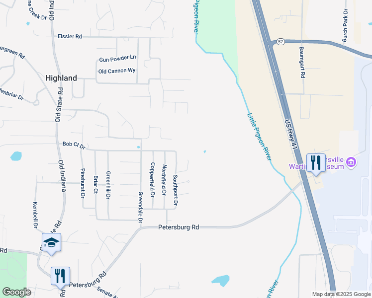 map of restaurants, bars, coffee shops, grocery stores, and more near 716 Bob Court Drive in Evansville