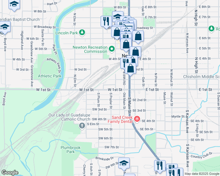 map of restaurants, bars, coffee shops, grocery stores, and more near 210 West 1st Street in Newton