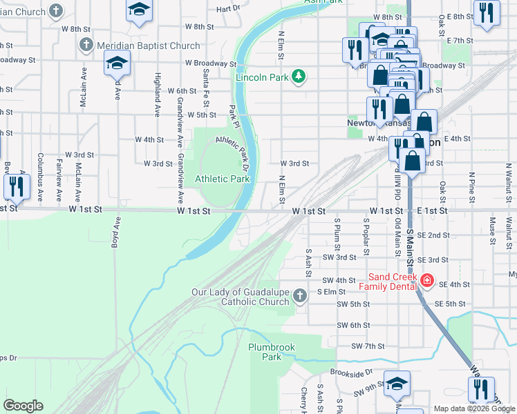 map of restaurants, bars, coffee shops, grocery stores, and more near 600 West 1st Street in Newton