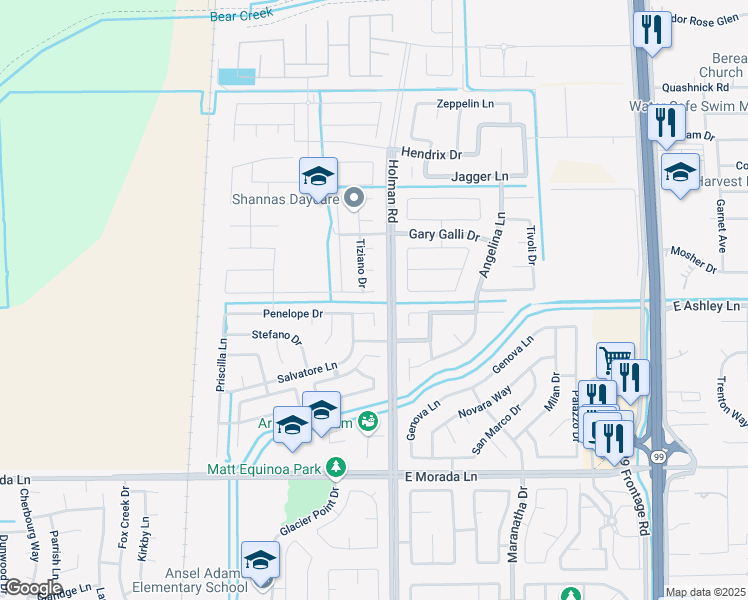 map of restaurants, bars, coffee shops, grocery stores, and more near 3454 Zaccaria Way in Stockton