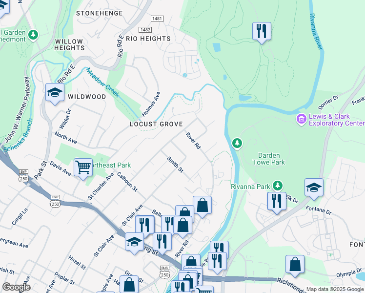 map of restaurants, bars, coffee shops, grocery stores, and more near 1009 Peartree Lane in Charlottesville