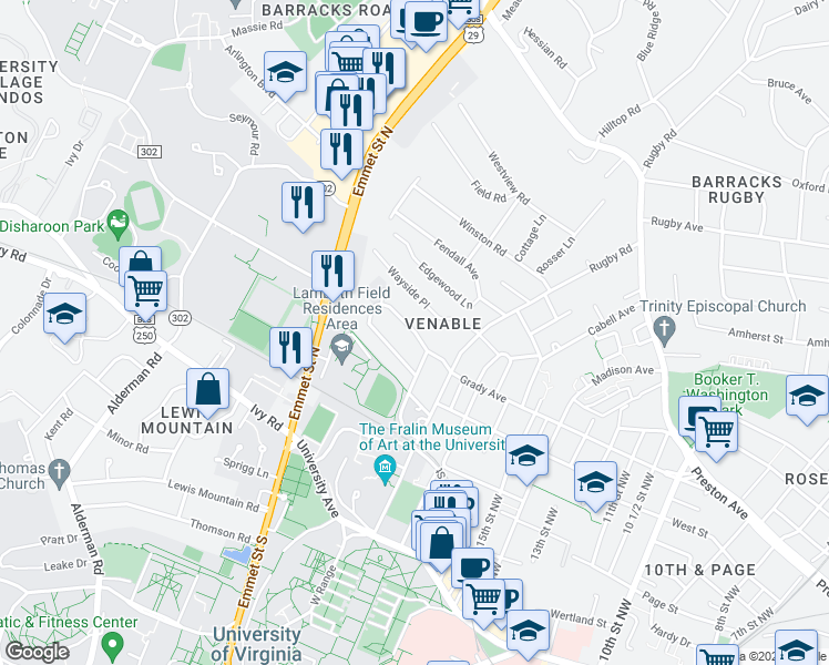 map of restaurants, bars, coffee shops, grocery stores, and more near University Circle in Charlottesville