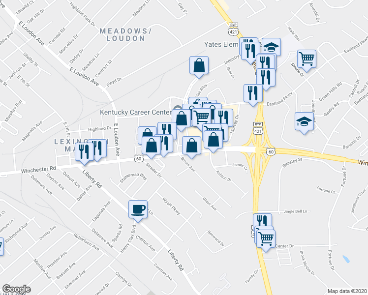 map of restaurants, bars, coffee shops, grocery stores, and more near 1205 Winchester Road in Lexington