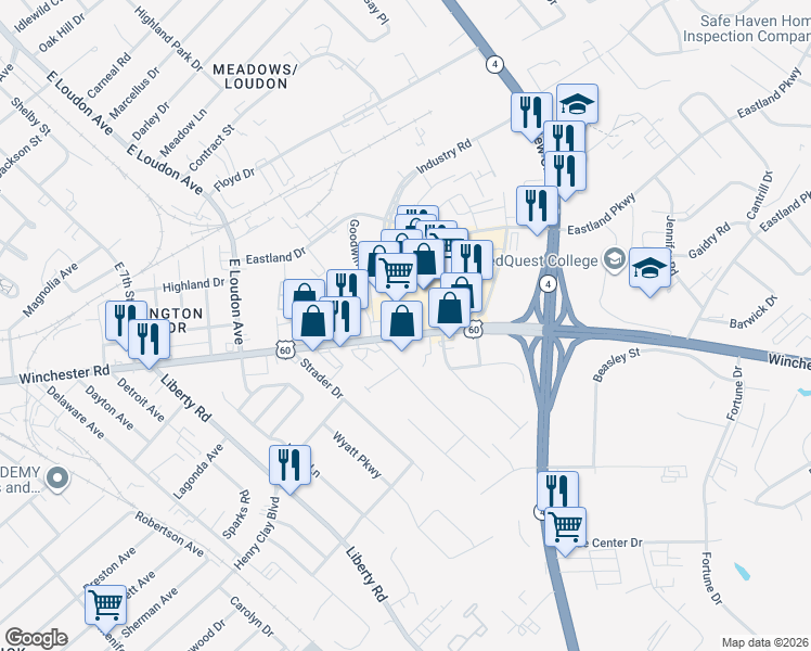 map of restaurants, bars, coffee shops, grocery stores, and more near 1205 Winchester Road in Lexington