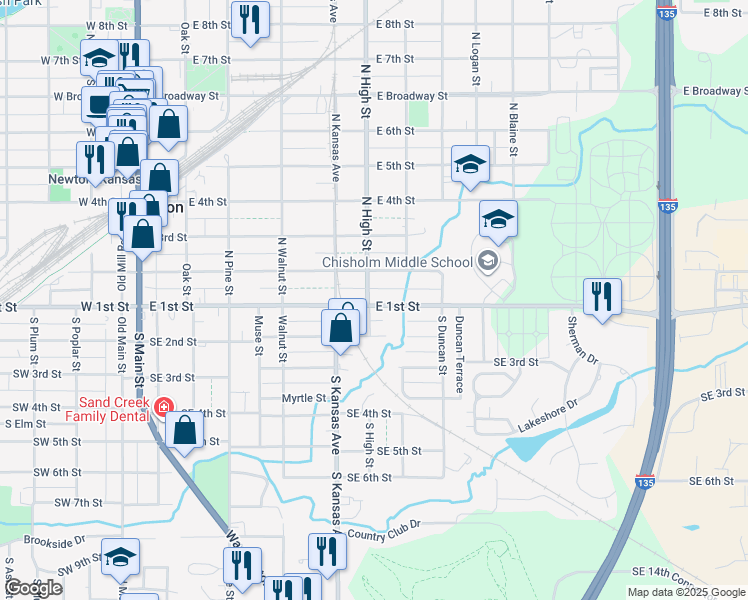 map of restaurants, bars, coffee shops, grocery stores, and more near 604 East 1st Street in Newton