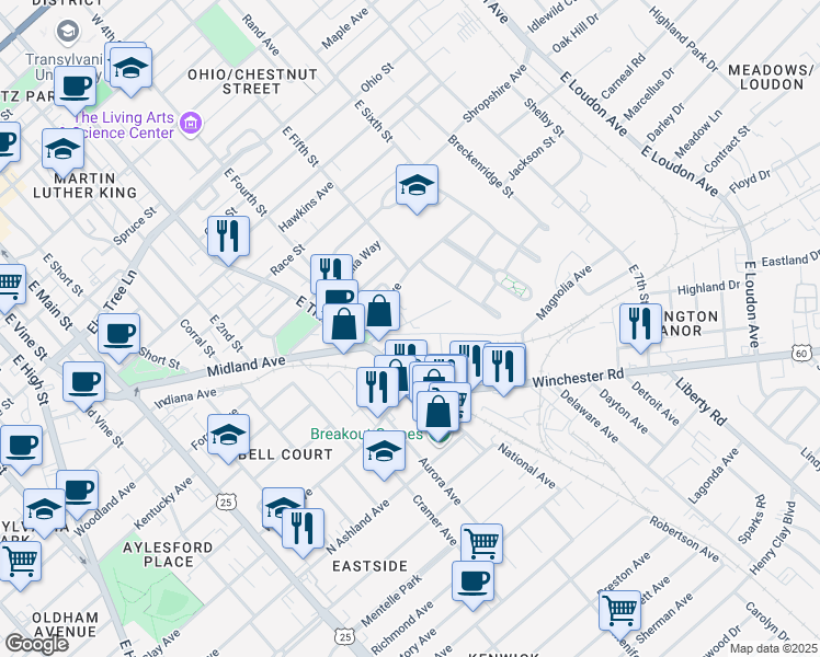 map of restaurants, bars, coffee shops, grocery stores, and more near 326 Midland Place in Lexington