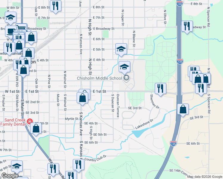 map of restaurants, bars, coffee shops, grocery stores, and more near 800 East 1st Street in Newton