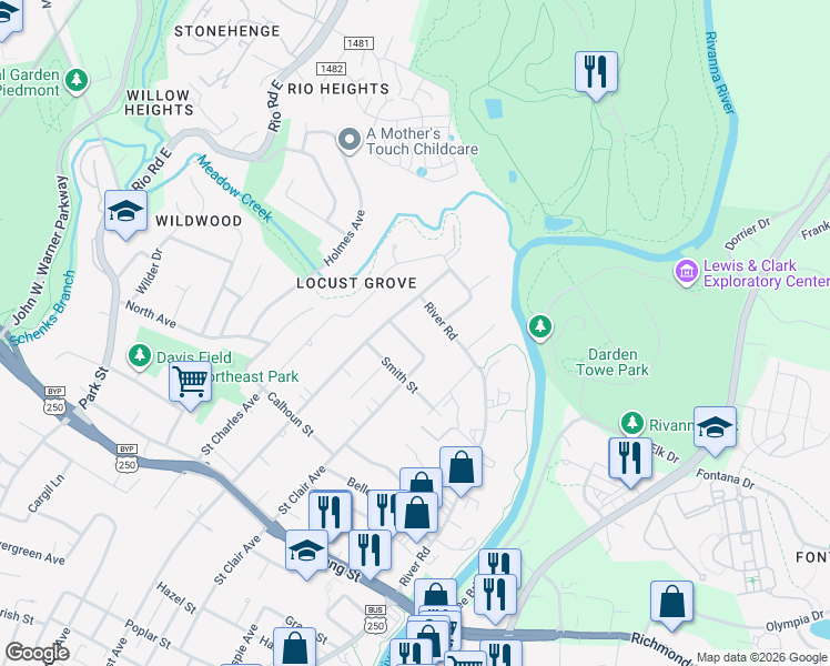 map of restaurants, bars, coffee shops, grocery stores, and more near 1009 Peartree Lane in Charlottesville