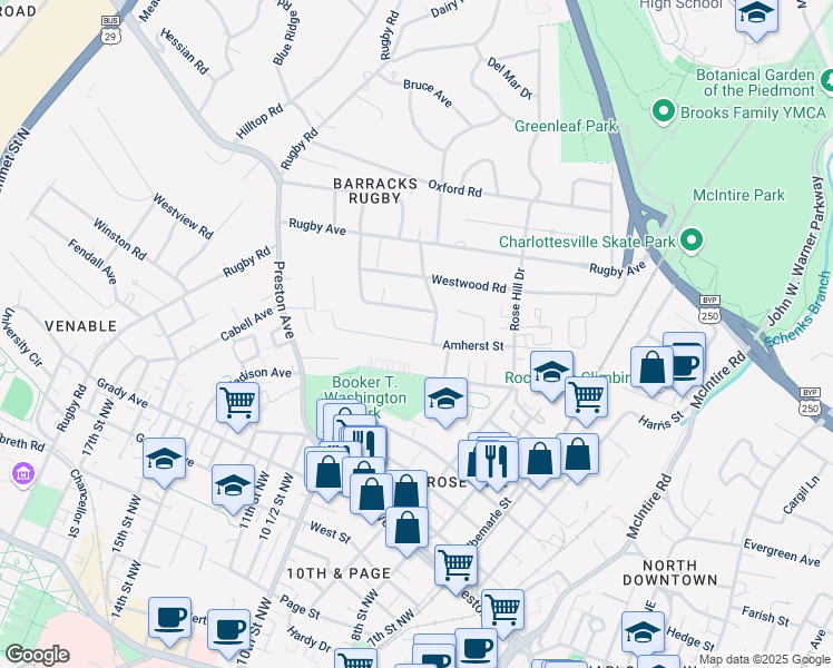 map of restaurants, bars, coffee shops, grocery stores, and more near 1203 Greenway Road in Charlottesville