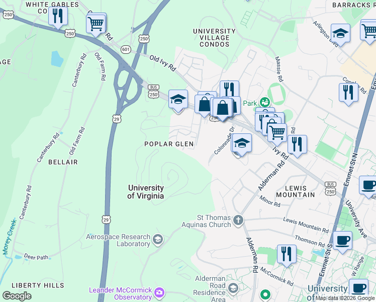 map of restaurants, bars, coffee shops, grocery stores, and more near 916 Poplar Glen Rd in Charlottesville