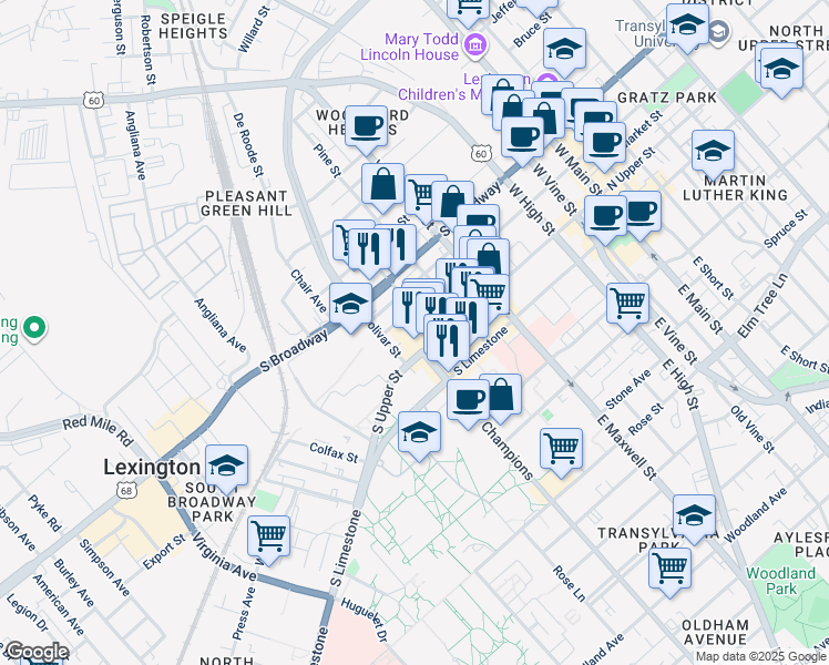 map of restaurants, bars, coffee shops, grocery stores, and more near 614 South Mill Street in Lexington
