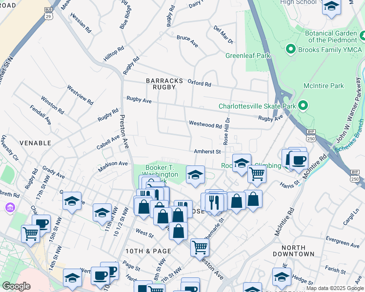 map of restaurants, bars, coffee shops, grocery stores, and more near 1203 Greenway Road in Charlottesville
