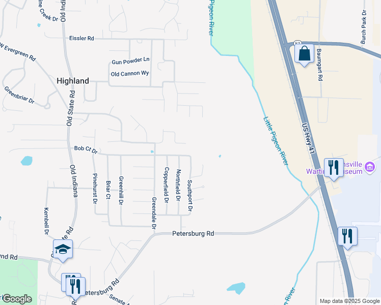 map of restaurants, bars, coffee shops, grocery stores, and more near 716 Bob Court Drive in Evansville