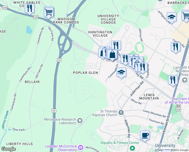map of restaurants, bars, coffee shops, grocery stores, and more near 317 Poplar Glen Court in Charlottesville
