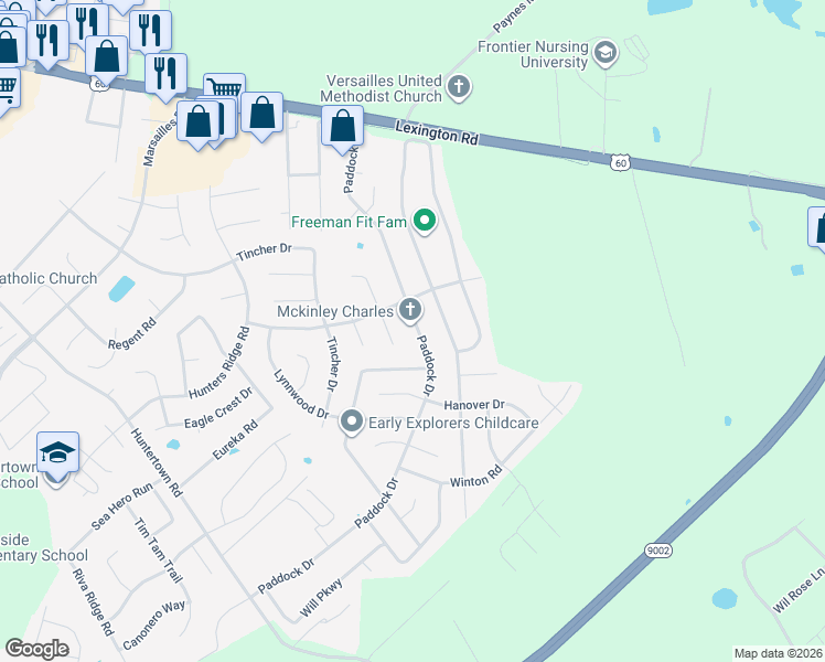 map of restaurants, bars, coffee shops, grocery stores, and more near 217 Paddock Drive in Versailles