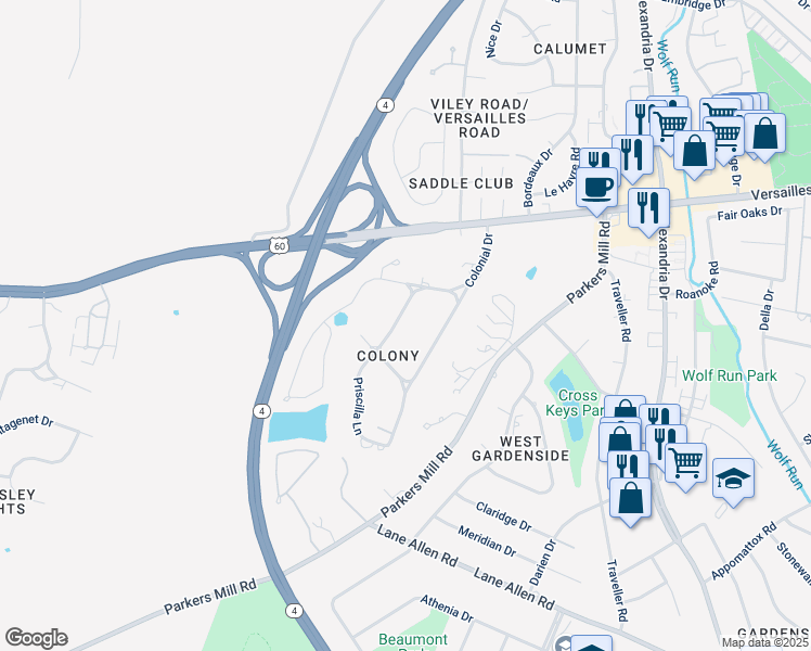 map of restaurants, bars, coffee shops, grocery stores, and more near 1236 Standish Way in Lexington