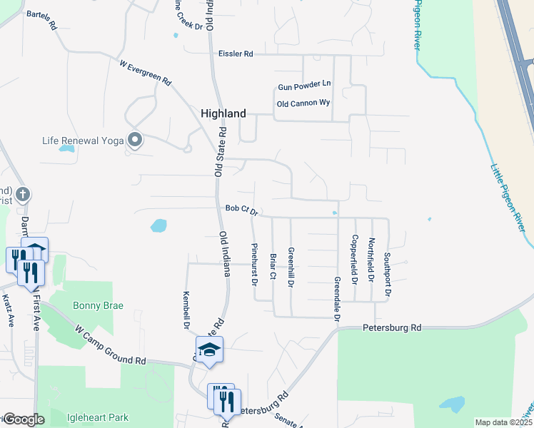 map of restaurants, bars, coffee shops, grocery stores, and more near 304 Bob Court Drive in Evansville