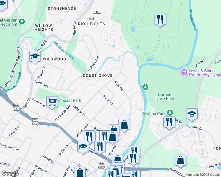 map of restaurants, bars, coffee shops, grocery stores, and more near 1009 Peartree Lane in Charlottesville