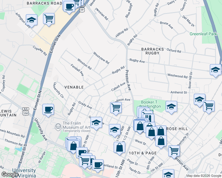 map of restaurants, bars, coffee shops, grocery stores, and more near 821 Cabell Avenue in Charlottesville