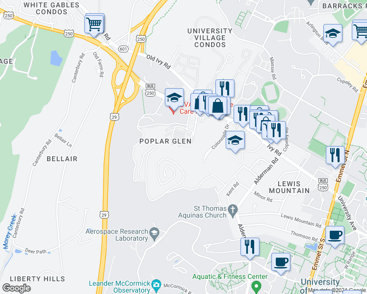 map of restaurants, bars, coffee shops, grocery stores, and more near 317 Poplar Glen Court in Charlottesville