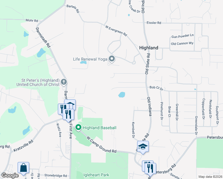 map of restaurants, bars, coffee shops, grocery stores, and more near 6703 Kembell Drive in Evansville