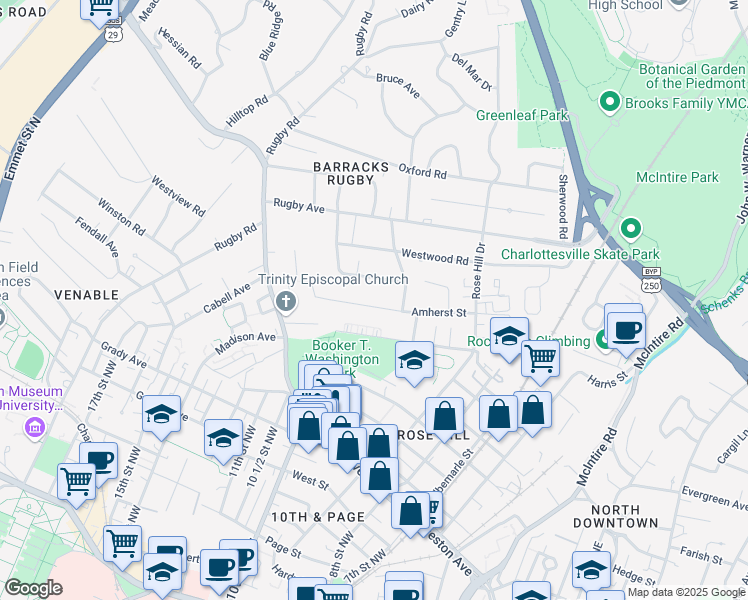 map of restaurants, bars, coffee shops, grocery stores, and more near 1609 Amherst Street in Charlottesville