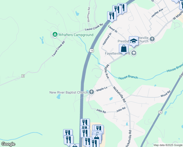 map of restaurants, bars, coffee shops, grocery stores, and more near 12710 U.S. 19 in Fayetteville