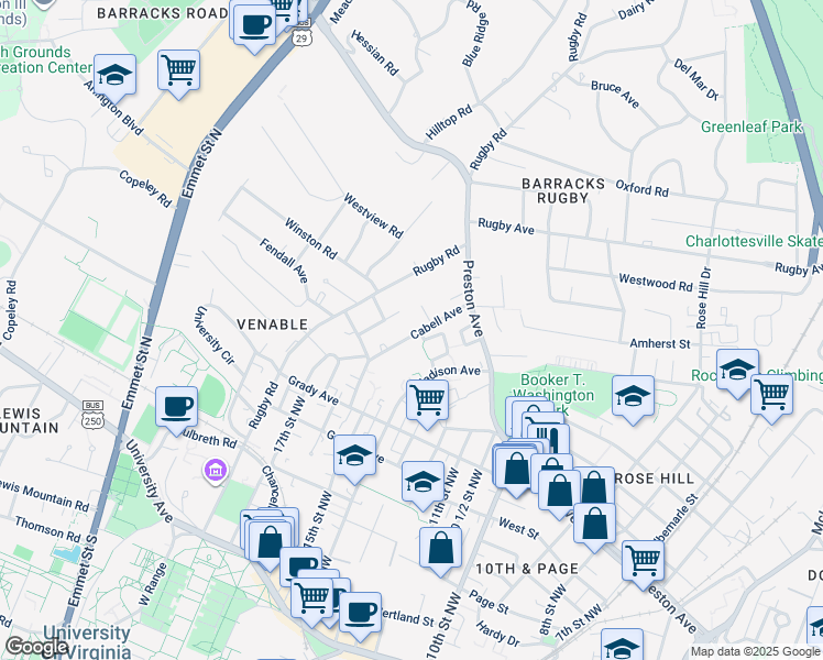 map of restaurants, bars, coffee shops, grocery stores, and more near 821 Cabell Avenue in Charlottesville