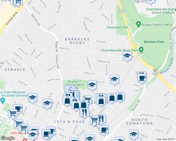 map of restaurants, bars, coffee shops, grocery stores, and more near 1203 Greenway Rd in Charlottesville