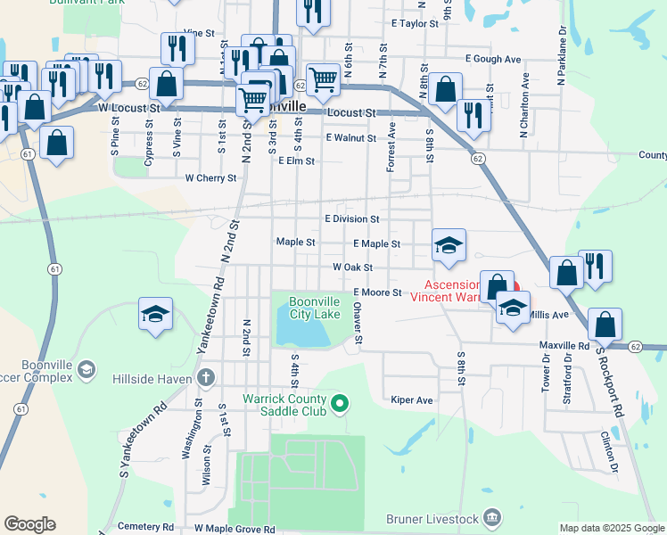 map of restaurants, bars, coffee shops, grocery stores, and more near 315 East Oak Street in Boonville
