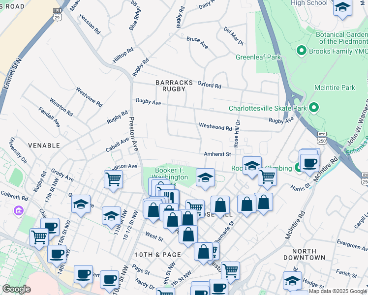 map of restaurants, bars, coffee shops, grocery stores, and more near 1613 Amherst Street in Charlottesville