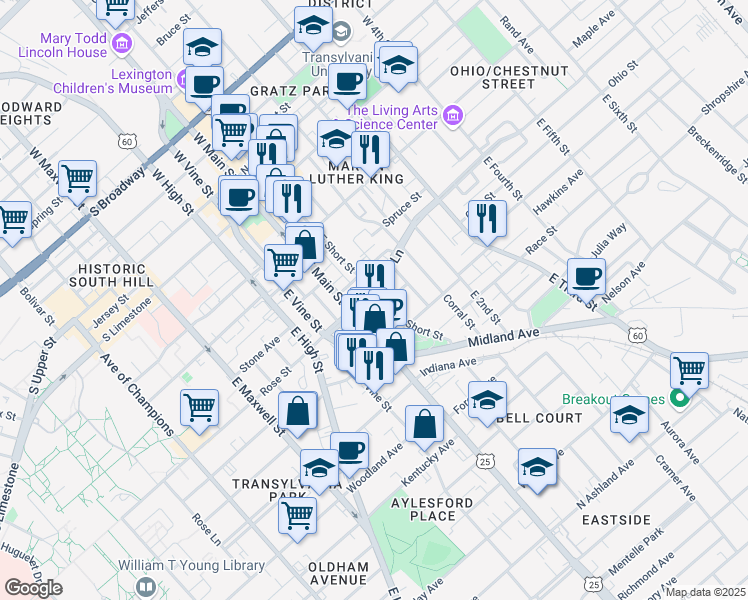 map of restaurants, bars, coffee shops, grocery stores, and more near 326 East Short Street in Lexington